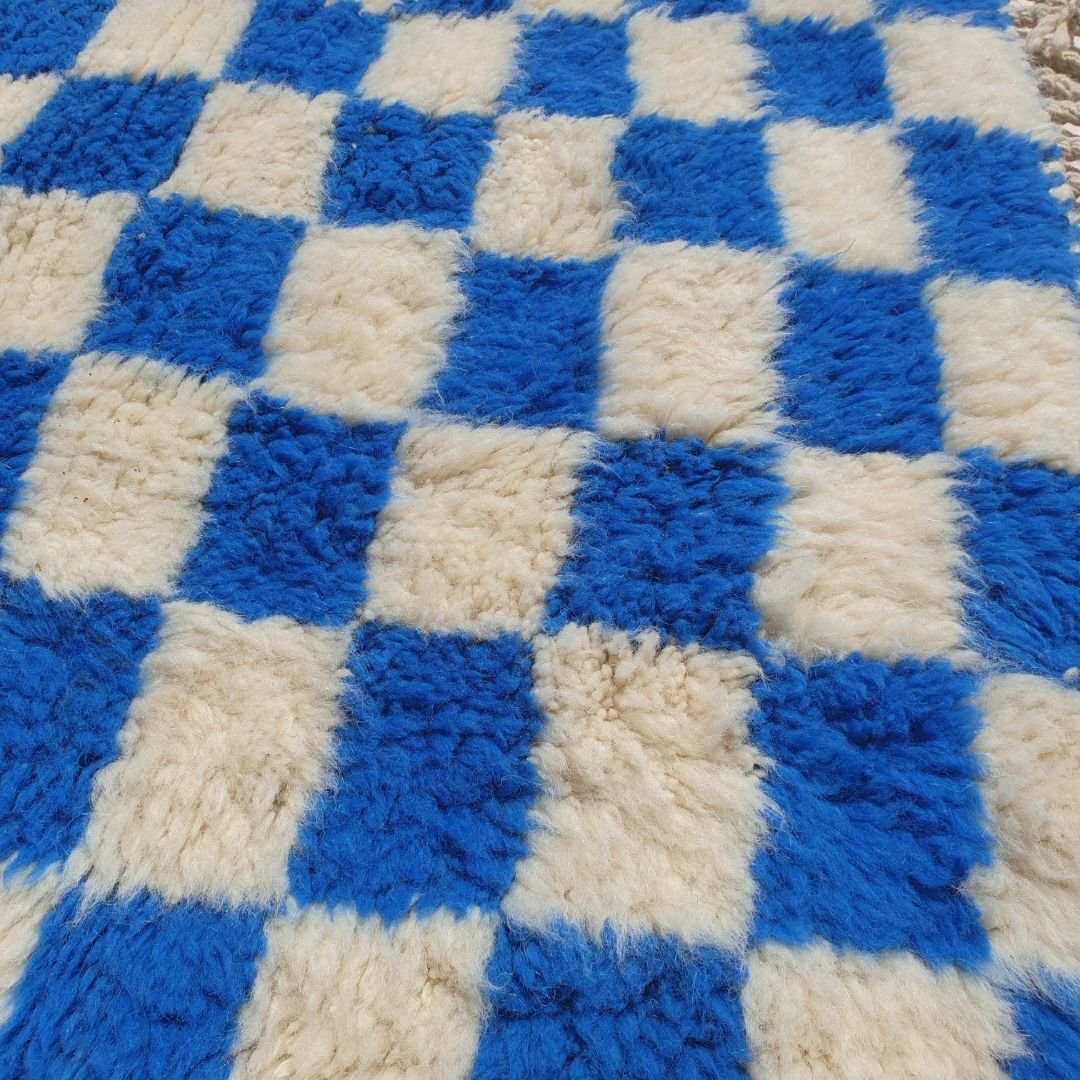 Marjana | Beni Ourain Moroccan Rug 3x5 ft Cobalt Blue Checkered | 3'44x5'12 Ft | 105x156 cm - OunizZ