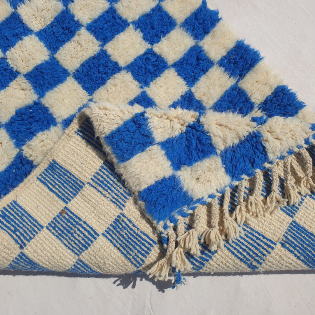 Marjana | Beni Ourain Moroccan Rug 3x5 ft Cobalt Blue Checkered | 3'44x5'12 Ft | 105x156 cm - OunizZ