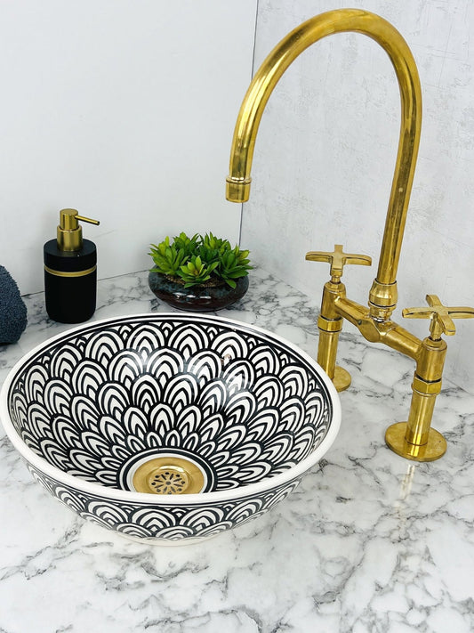 Milan - Handmade Moroccan Round Ceramic Sink – Black Feather Pattern Top Counter Vessel Sink - (ETMMT) - OunizZ