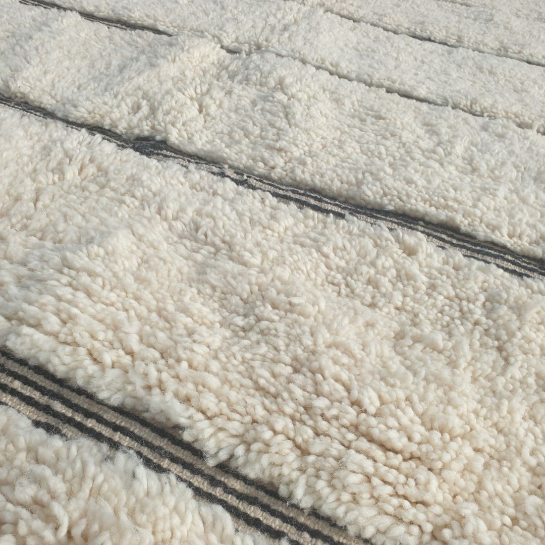 Misla - Ivory Beni Ourain Rug with Black Stripes - Moroccan Berber Carpet | 6'11"x9'3" Ft | 211x284 cm - OunizZ
