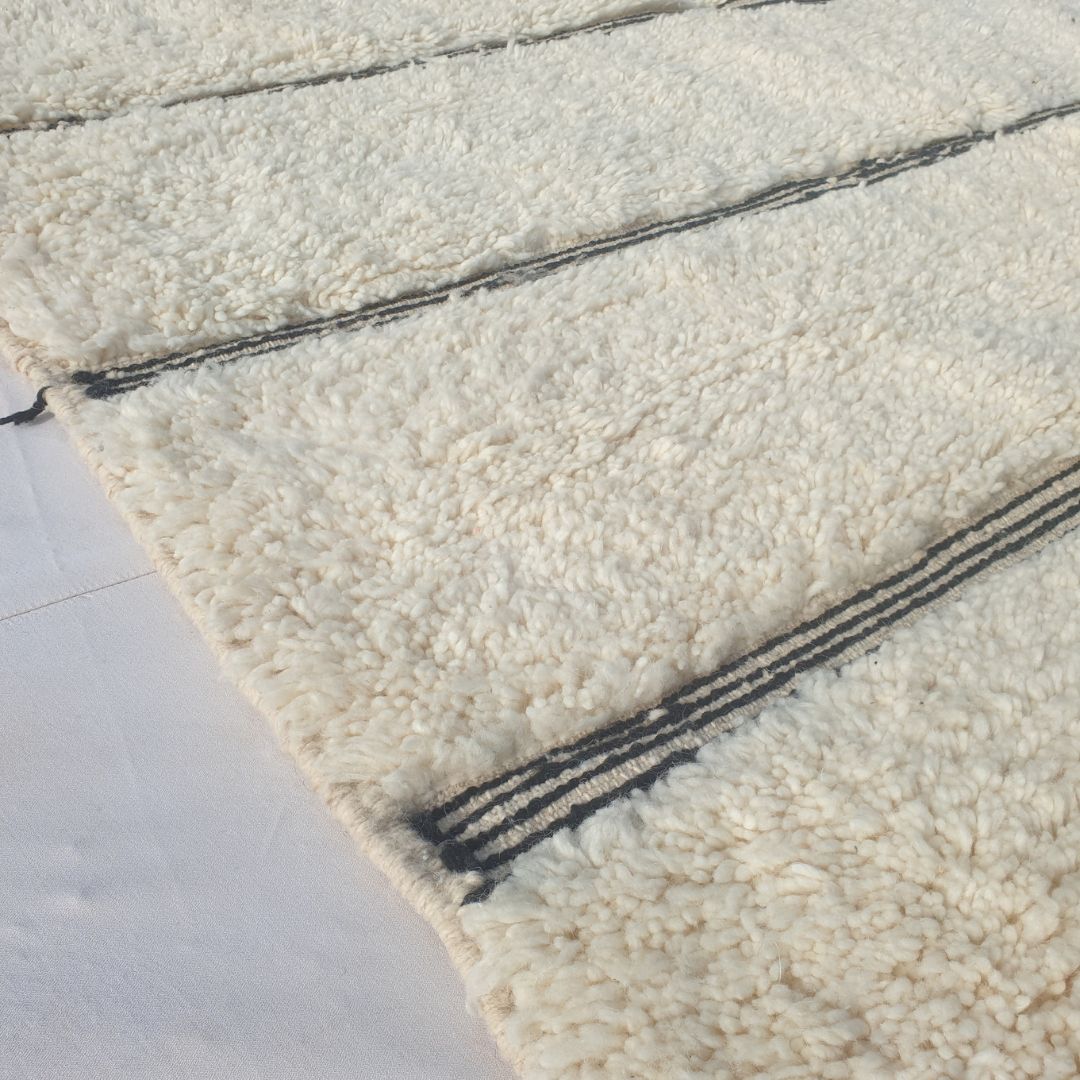 Misla - Ivory Beni Ourain Rug with Black Stripes - Moroccan Berber Carpet | 6'11"x9'3" Ft | 211x284 cm - OunizZ