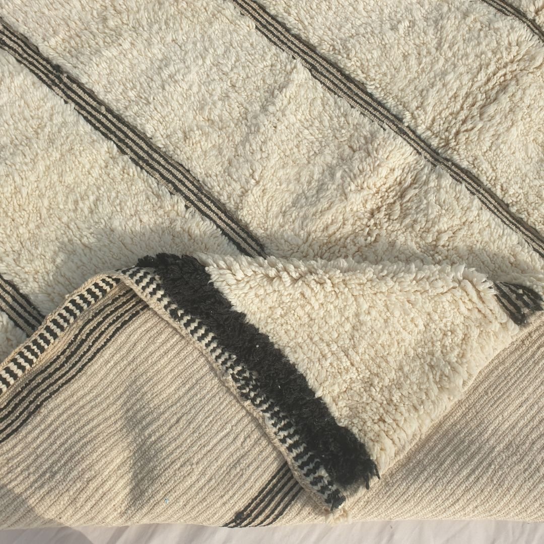 Misla - Ivory Beni Ourain Rug with Black Stripes - Moroccan Berber Carpet | 6'11"x9'3" Ft | 211x284 cm - OunizZ