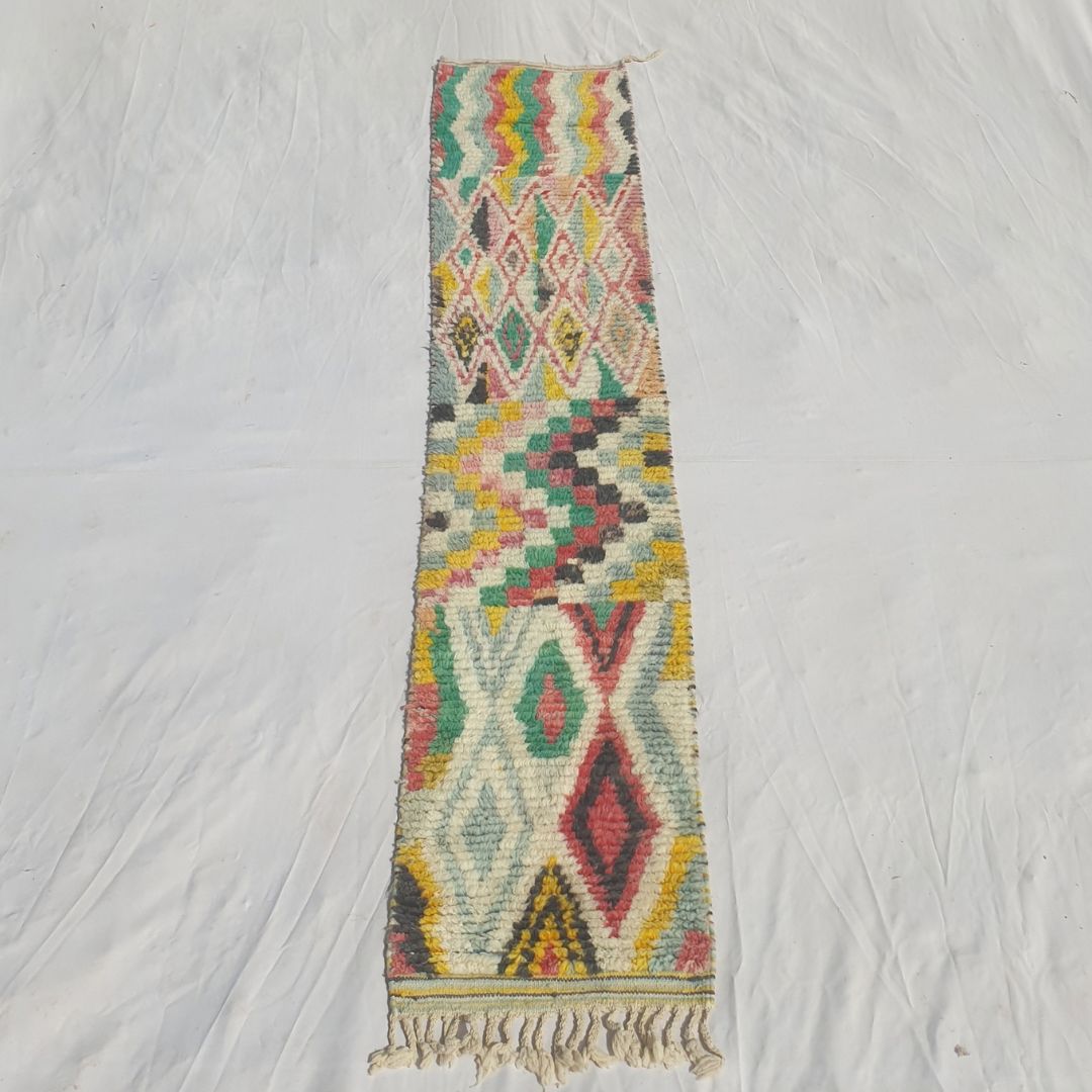 Mohala - Slim Colorful Moroccan Runner Rug Mixing Zigzag Stripes, a Diamond Lattice, a Checkerboard and Bold Diamonds on Cream - Handwoven Berber Carpet | 2'x10' Ft | 60x305 cm - OunizZ