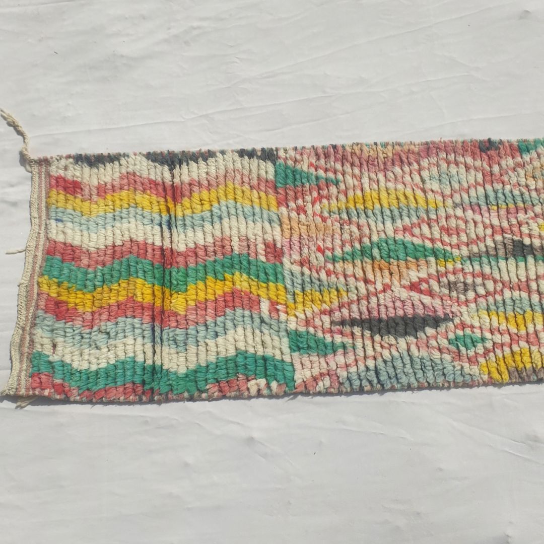 Mohala - Slim Colorful Moroccan Runner Rug Mixing Zigzag Stripes, a Diamond Lattice, a Checkerboard and Bold Diamonds on Cream - Handwoven Berber Carpet | 2'x10' Ft | 60x305 cm - OunizZ