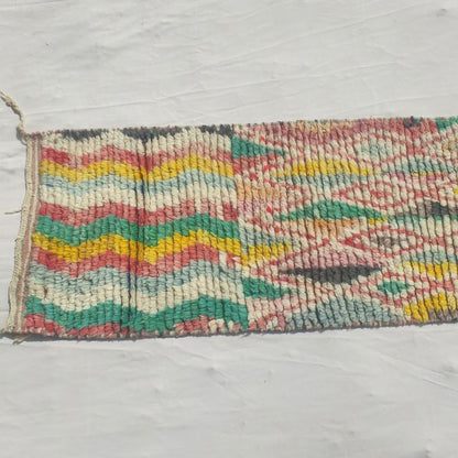 Mohala - Slim Colorful Moroccan Runner Rug Mixing Zigzag Stripes, a Diamond Lattice, a Checkerboard and Bold Diamonds on Cream - Handwoven Berber Carpet | 2'x10' Ft | 60x305 cm - OunizZ