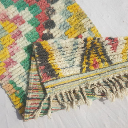 Mohala - Slim Colorful Moroccan Runner Rug Mixing Zigzag Stripes, a Diamond Lattice, a Checkerboard and Bold Diamonds on Cream - Handwoven Berber Carpet | 2'x10' Ft | 60x305 cm - OunizZ