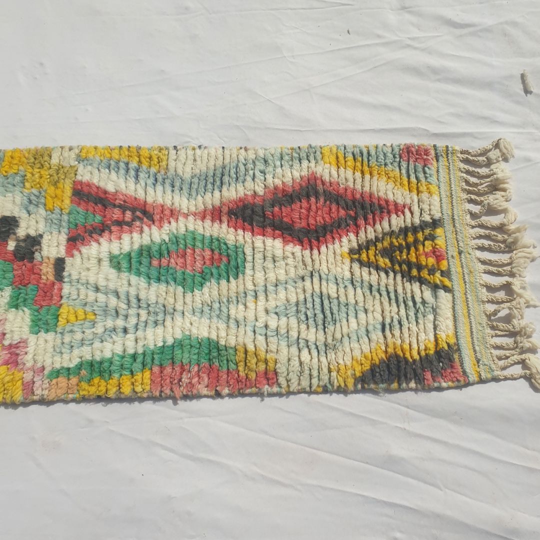 Mohala - Slim Colorful Moroccan Runner Rug Mixing Zigzag Stripes, a Diamond Lattice, a Checkerboard and Bold Diamonds on Cream - Handwoven Berber Carpet | 2'x10' Ft | 60x305 cm - OunizZ