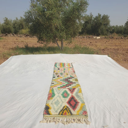 Mohala - Slim Colorful Moroccan Runner Rug Mixing Zigzag Stripes, a Diamond Lattice, a Checkerboard and Bold Diamonds on Cream - Handwoven Berber Carpet | 2'x10' Ft | 60x305 cm - OunizZ