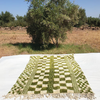 Mouassine | Checkered Olive Green Moroccan Rug 6x9 Beni Ourain Ultra Soft | Authentic Berber wool Beni Rug | 6'46x9'61 Ft | 197x293 cm - OunizZ