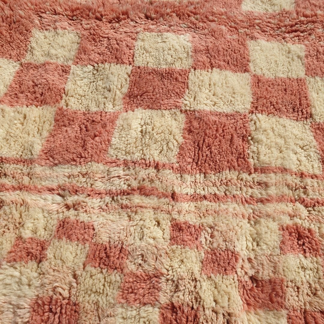 Mouassine | Checkered Pink Moroccan Rug 6x9 Beni Ourain Ultra Soft | Authentic Berber wool Beni Rug | 6'82x9'45 Ft | 208x288 cm - OunizZ