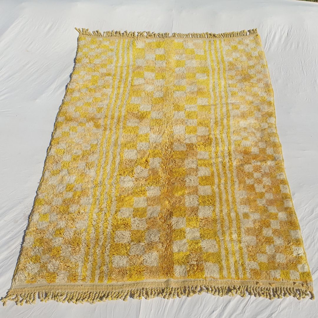 Mouassine | Checkered Yellow Moroccan Rug 6x9 Beni Ourain Ultra Soft | Authentic Berber wool Beni Rug | 6'53x9'74 Ft | 199x297 cm - OunizZ