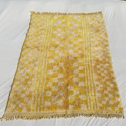 Mouassine | Checkered Yellow Moroccan Rug 6x9 Beni Ourain Ultra Soft | Authentic Berber wool Beni Rug | 6'53x9'74 Ft | 199x297 cm - OunizZ