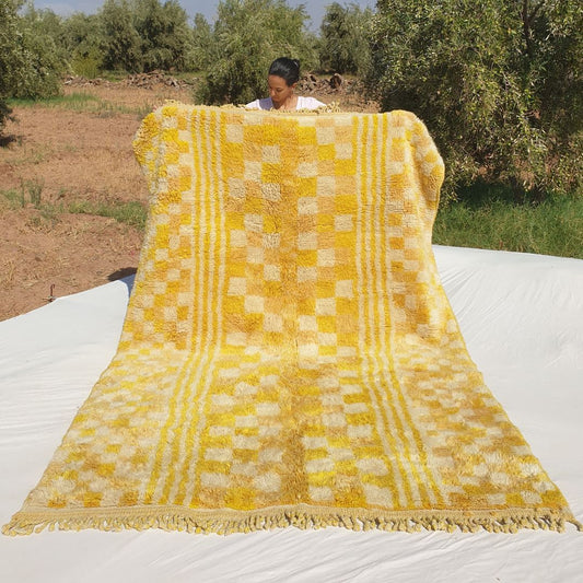 Mouassine | Checkered Yellow Moroccan Rug 6x9 Beni Ourain Ultra Soft | Authentic Berber wool Beni Rug | 6'53x9'74 Ft | 199x297 cm - OunizZ