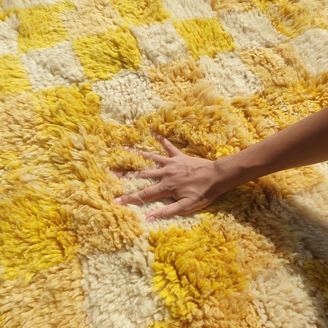 Mouassine | Checkered Yellow Moroccan Rug 6x9 Beni Ourain Ultra Soft | Authentic Berber wool Beni Rug | 6'53x9'74 Ft | 199x297 cm - OunizZ