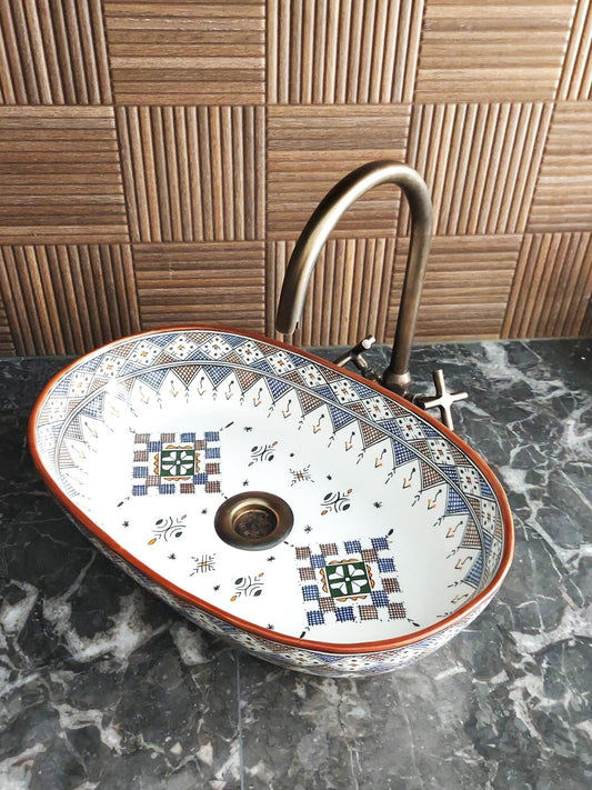 Oslo - Handmade Moroccan Oval Ceramic Sink – Tribal Geometric Top Counter Vessel Sink - (ETAFS) - OunizZ