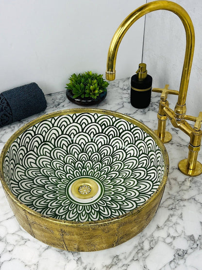 Ouezzane - Green Round Bathroom Sink Wrapped With Brass – Elegant, Handmade, Customizable, and Lead - Free - (ETMMT) - OunizZ