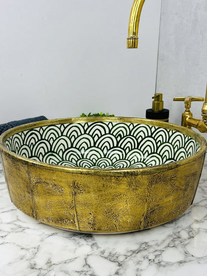 Ouezzane - Green Round Bathroom Sink Wrapped With Brass – Elegant, Handmade, Customizable, and Lead - Free - (ETMMT) - OunizZ