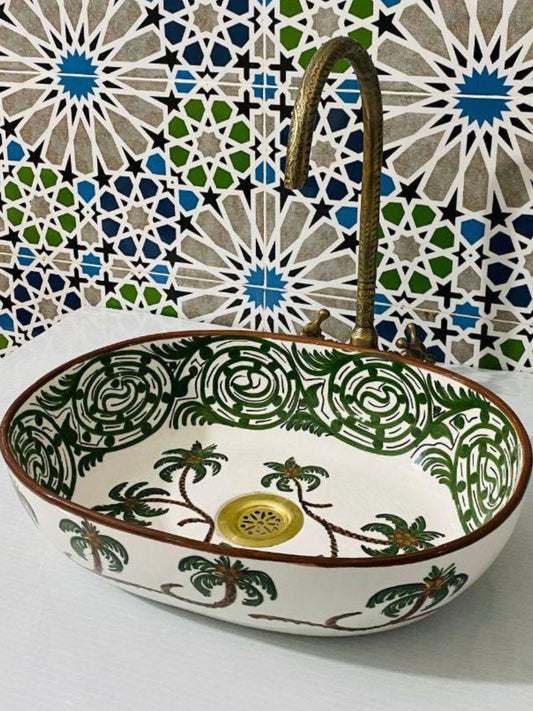 Palma - Handmade Moroccan Oval Ceramic Sink – Green Palm Wood Top Counter Vessel Sink - (ETFS) - OunizZ