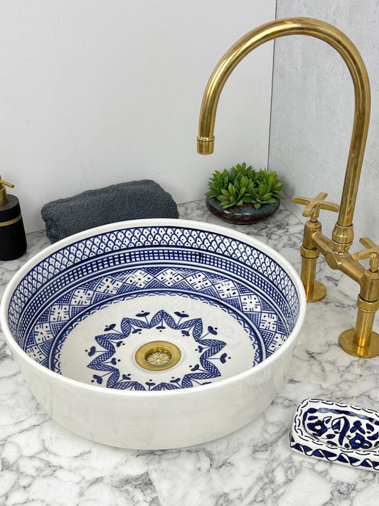 Penang - Handmade Moroccan Ceramic Sink – Blue and White Classic Bathroom Vessel Sink - (ETMMT) - OunizZ