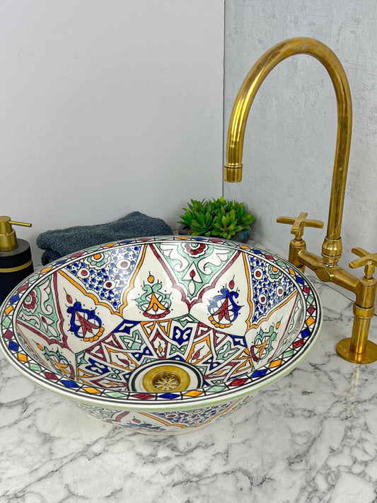 Prague - Handmade Moroccan Round Ceramic Sink – Colorful Geometric Top Counter Vessel Sink - (ETMMT) - OunizZ