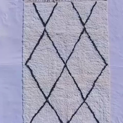 Waaga | 6x9 Beni Ourain Moroccan Rug - Super Soft White Plush Shag with Black Diamond Lattice Wool Berber Carpet | 6'8"x9'9" Ft | 205x298 cm