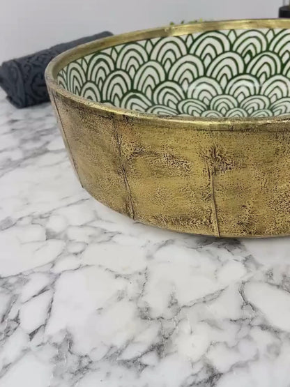 Ouezzane - Green Round Bathroom Sink Wrapped With Brass – Elegant, Handmade, Customizable, and Lead-Free - (ETMMT)