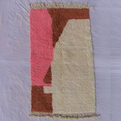 Lhana | 5x8 Beni Ourain Moroccan Rug - Super Soft Ivory Plush Shag with Pink & Orange Abstract Blocks Wool Berber Carpet | 5'1"x8'6" ft | 155x261 cm