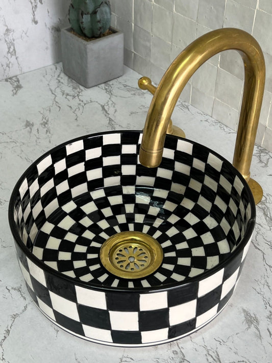 Rabat - Handmade Moroccan Ceramic Sink – Black and White Checkered Bathroom Vessel Sink - (ESEN) - OunizZ