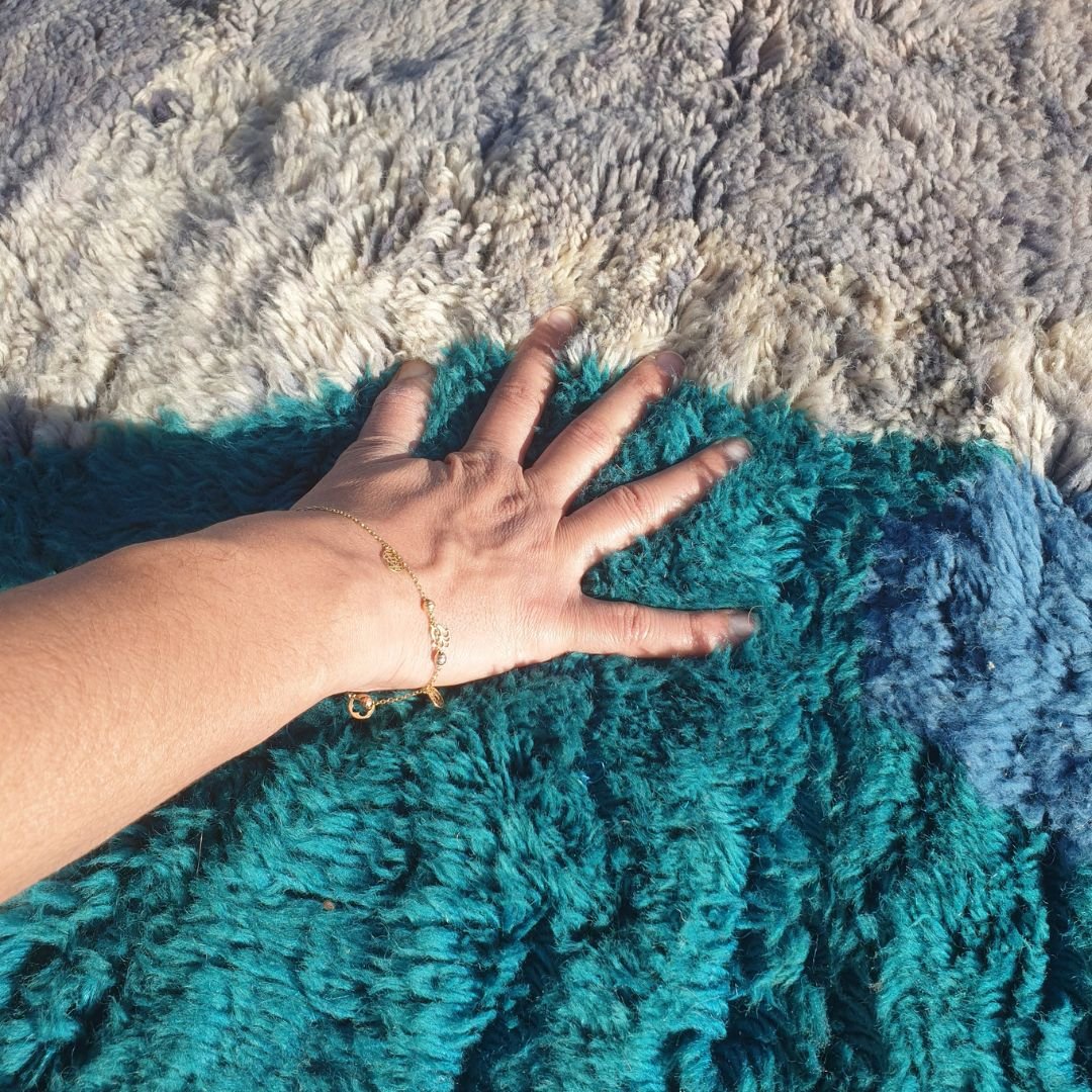 Soft fluffy high-pile wool texture detail of teal Beni Mrirt luxury shag runner rug