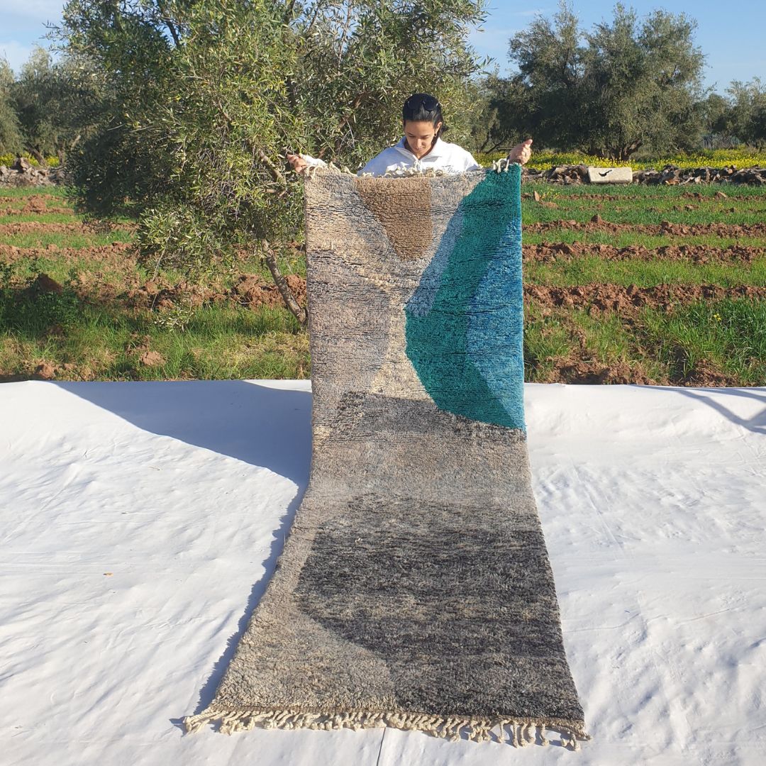 Luxury 3x9 Beni Mrirt Moroccan runner rug with teal abstract design and ultra thick plush pile held outdoors