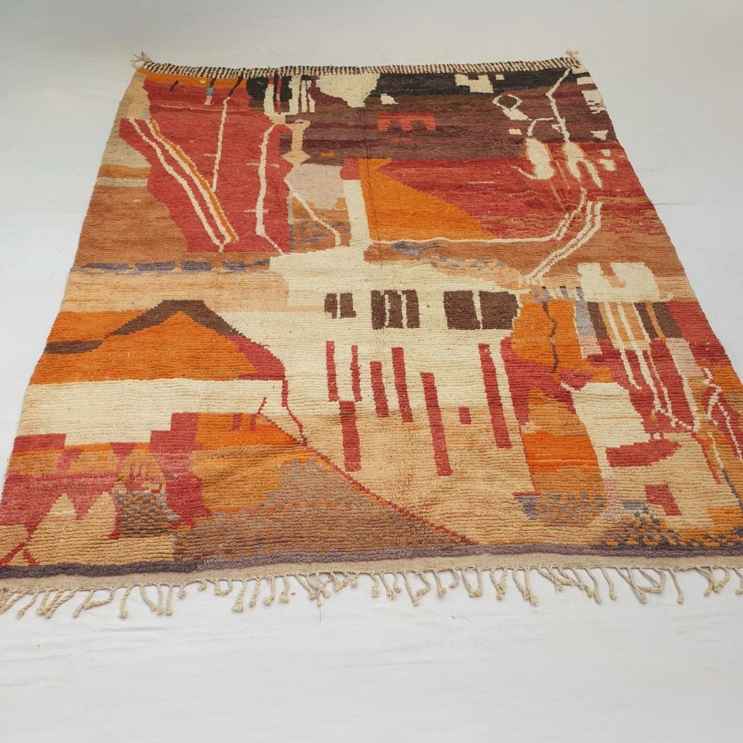 Soft plush wool pile and rich natural color gradients of colorful abstract Boujad Berber Moroccan rug