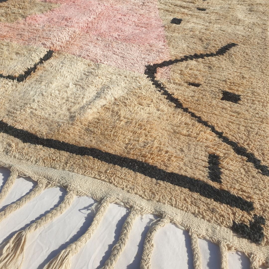 Samli - 6x9 Moroccan Rug - Sandy Beige Blush Boujaad Berber Tifinagh Script Handwoven Wool Carpet | 6'3"×9'8" Ft | 192×295 cm - OunizZ