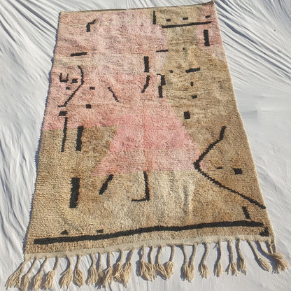 Samli - 6x9 Moroccan Rug - Sandy Beige Blush Boujaad Berber Tifinagh Script Handwoven Wool Carpet | 6'3"×9'8" Ft | 192×295 cm - OunizZ