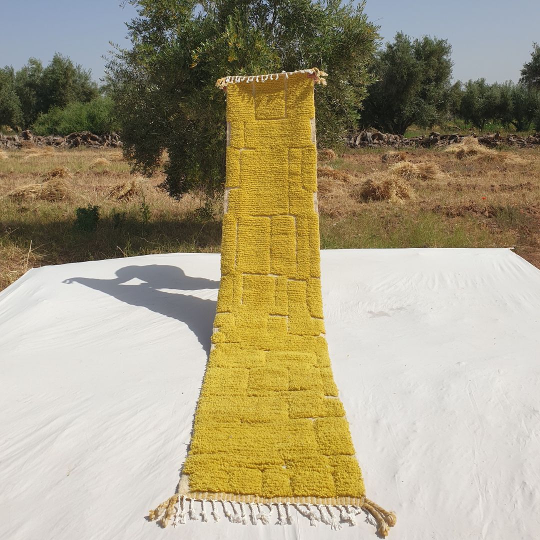 Mustard Beni Ourain Runner Rug 2x12 - Vibrant Fluffy Geometric