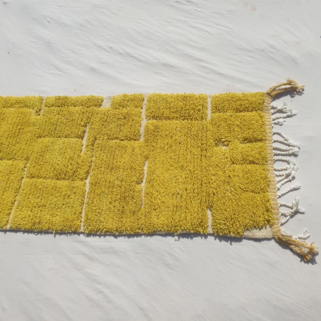 Sarina Runner - Mustard Beni Ourain Runner Rug 2x12 - Vibrant Fluffy Geometric | 2'40x12'63 ft | 73x385 cm - OunizZ