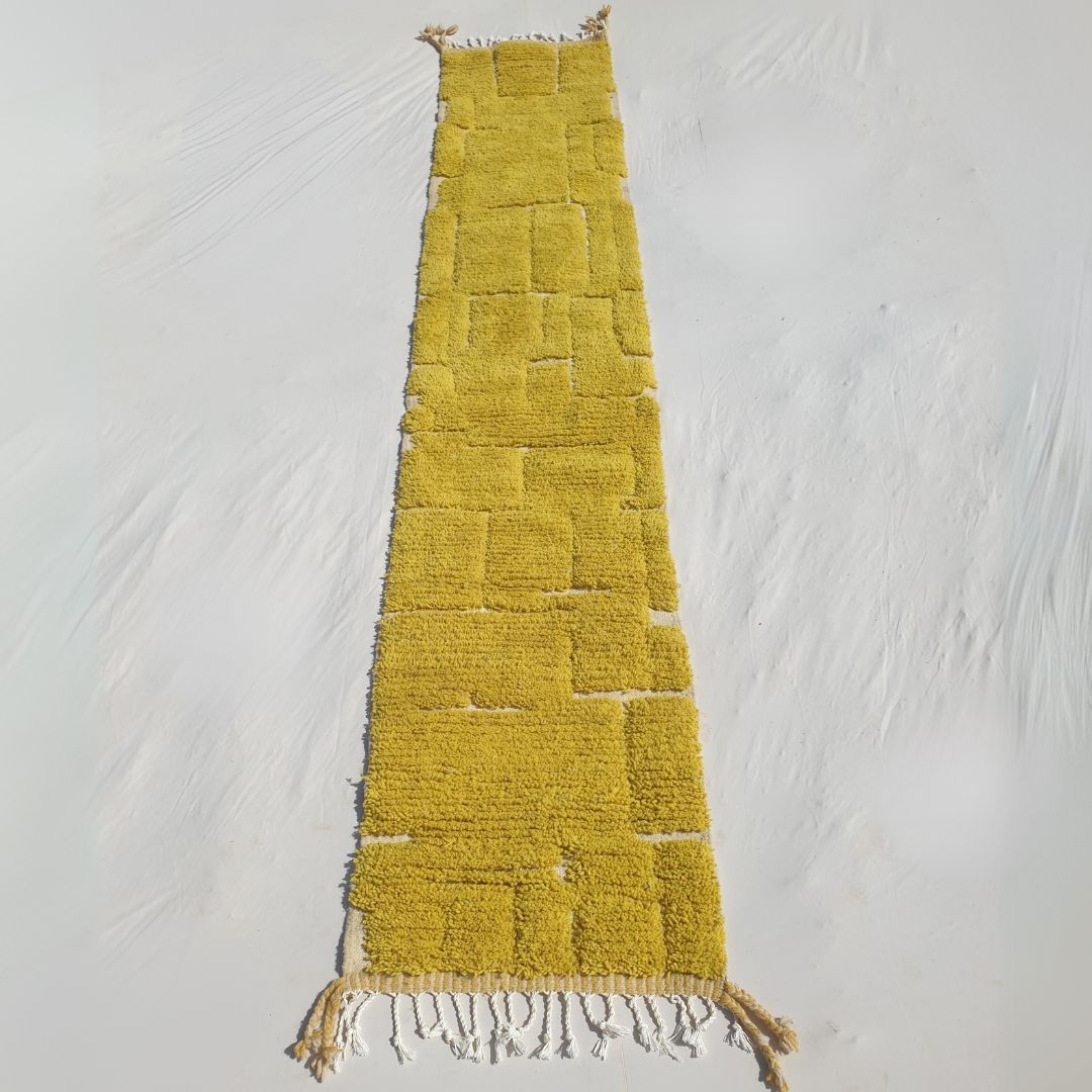 Sarina Runner - Mustard Beni Ourain Runner Rug 2x12 - Vibrant Fluffy Geometric | 2'40x12'63 ft | 73x385 cm - OunizZ