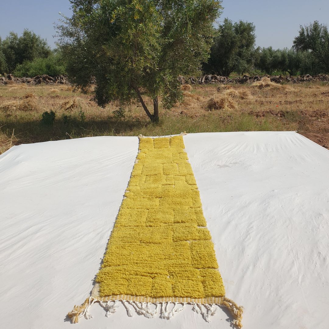 Sarina Runner - Mustard Beni Ourain Runner Rug 2x12 - Vibrant Fluffy Geometric | 2'40x12'63 ft | 73x385 cm - OunizZ