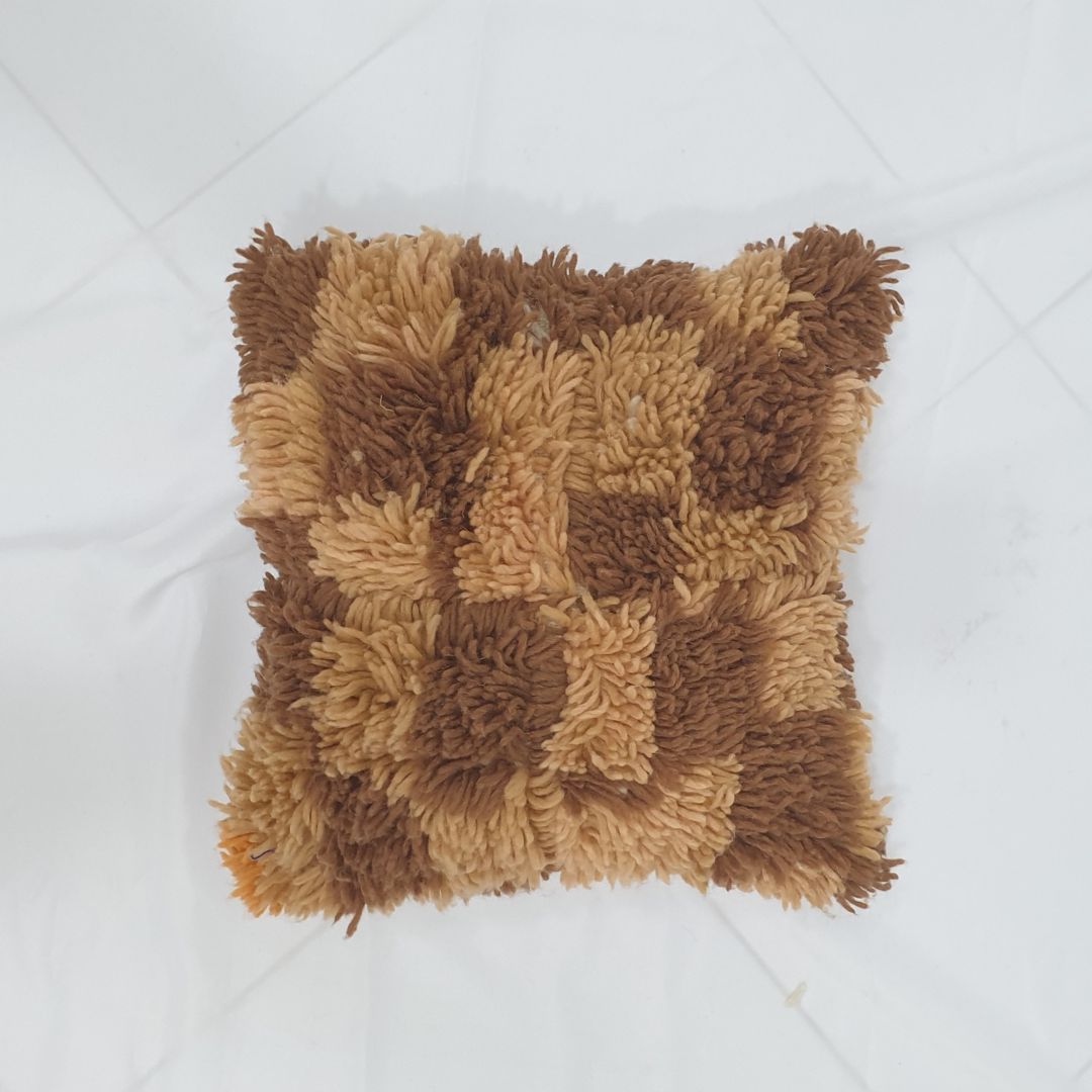 Shaggy Wool Cushion Cover Checkered - Brown Beni Mrirt Glow | 16x16 inches | 40x40 cm - OunizZ