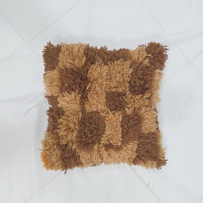 Shaggy Wool Cushion Cover Checkered - Brown Beni Mrirt Glow | 16x16 inches | 40x40 cm - OunizZ