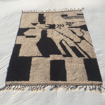 Slamta | Abstract Tribal 7x9 Black & Ivory Beni Ourain Rug - Plush Berber Wool Shag Carpet | 6'96x9'09 Ft | 212x277 cm - OunizZ