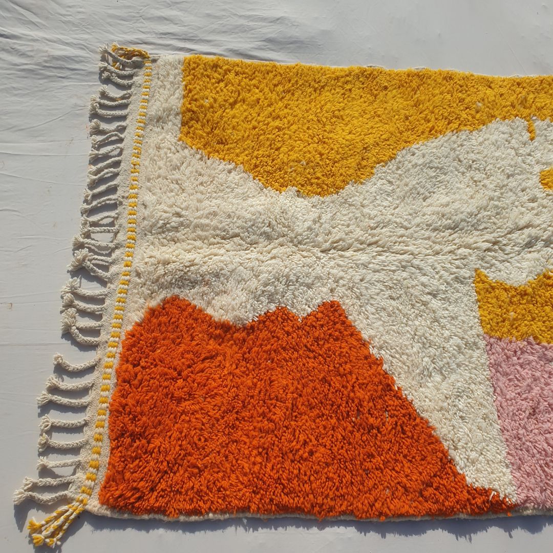 Stiba | Orange and Yellow Moroccan Rug 5x8 - Handcrafted Beni Ourain Wool | 5'05x8'07 ft | 154x246 cm - OunizZ