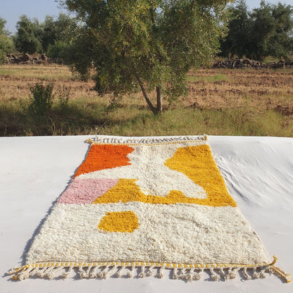 Stiba | Orange and Yellow Moroccan Rug 5x8 - Handcrafted Beni Ourain Wool | 5'05x8'07 ft | 154x246 cm - OunizZ