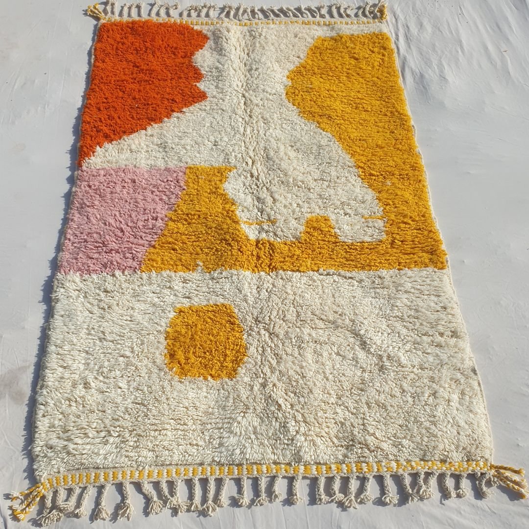 Stiba | Orange and Yellow Moroccan Rug 5x8 - Handcrafted Beni Ourain Wool | 5'05x8'07 ft | 154x246 cm - OunizZ