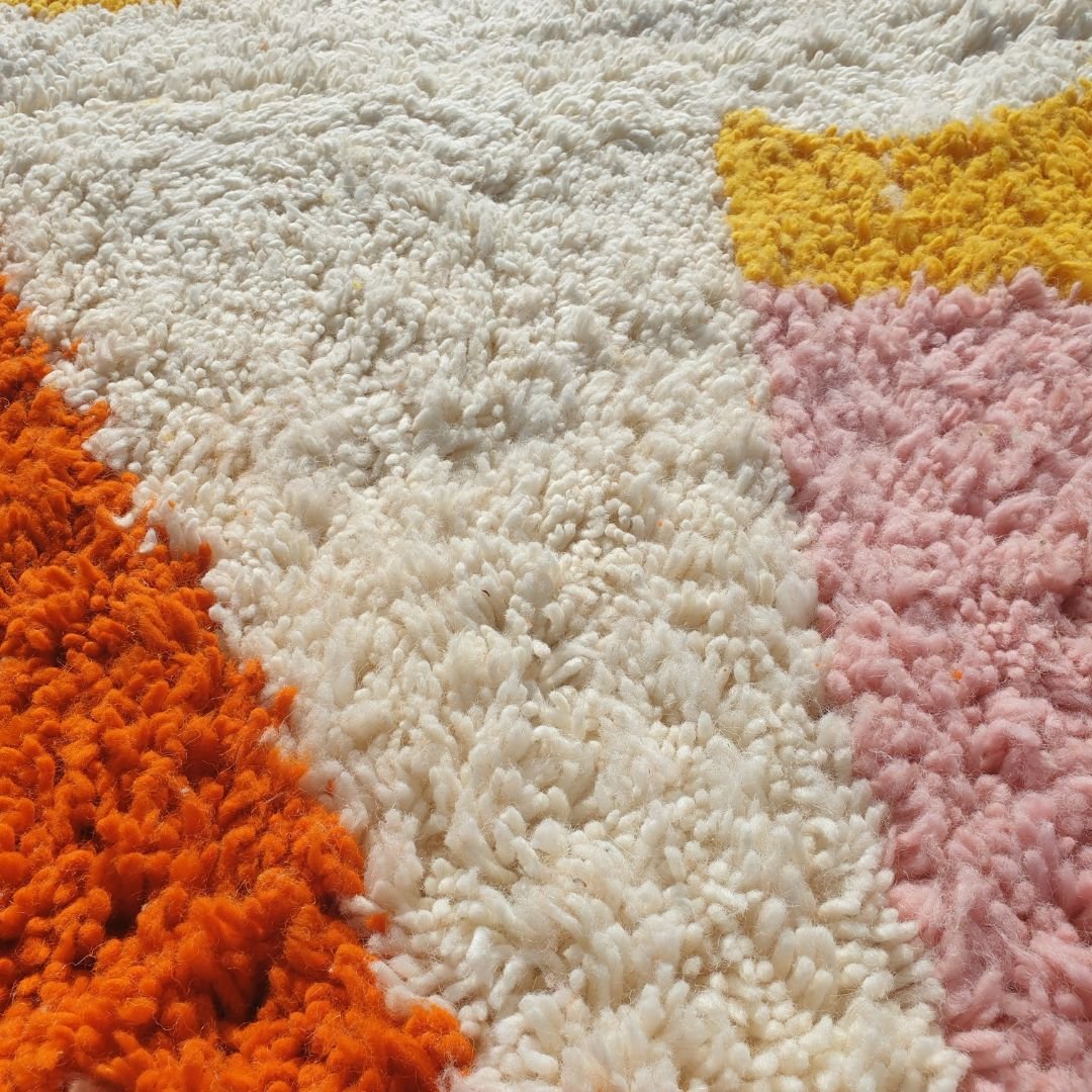 Stiba | Orange and Yellow Moroccan Rug 5x8 - Handcrafted Beni Ourain Wool | 5'05x8'07 ft | 154x246 cm - OunizZ