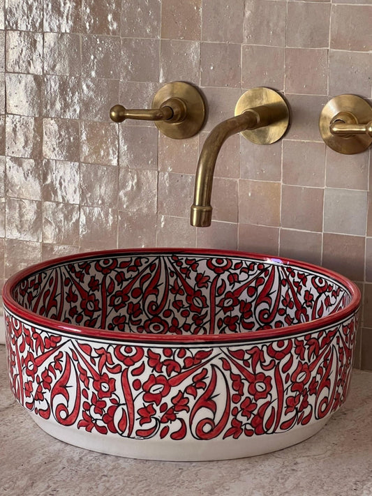 Tangier - Handmade Moroccan Ceramic Sink – Red and White Floral Bathroom Vessel Sink - (ESEN) - OunizZ