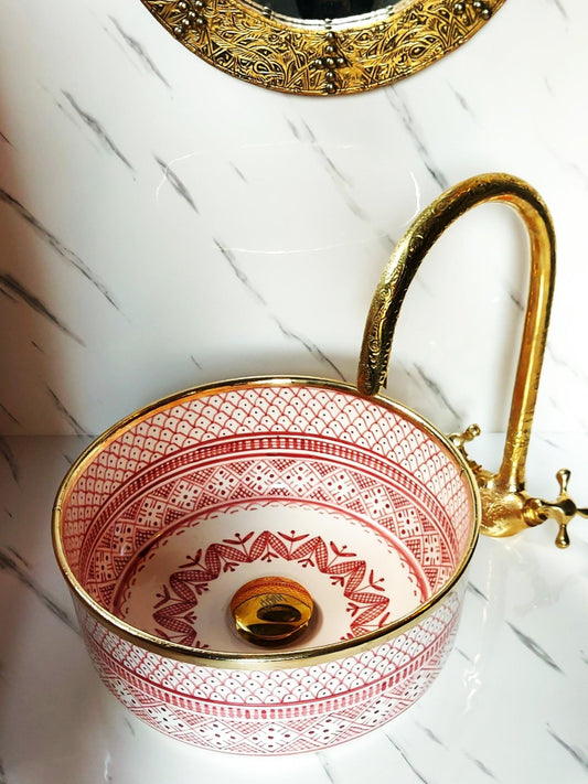 Tata - Red Round Bathroom Sink with Brass Rim – Elegant, Hand - painted, Customizable, and Lead - Free - (ETAFS) - OunizZ