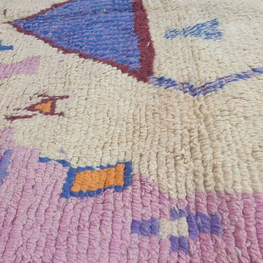 Tescla – 6x9 Moroccan Rug – Pink Ivory Boujad Berber Handwoven Wool Carpet with Blue Triangle & Figurative Symbols | 6'7"x9'7" Ft | 201x294 cm - OunizZ