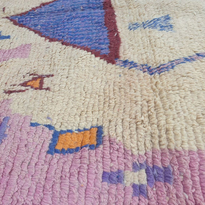 Tescla – 6x9 Moroccan Rug – Pink Ivory Boujad Berber Handwoven Wool Carpet with Blue Triangle & Figurative Symbols | 6'7"x9'7" Ft | 201x294 cm - OunizZ