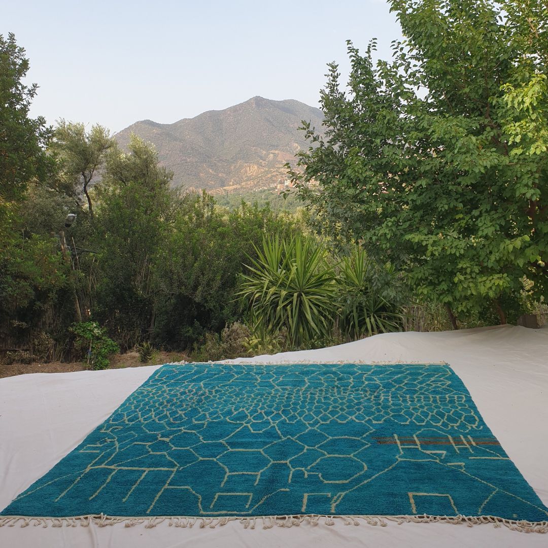 Teyuki - Oversized 10x10 Square Teal Beni Ourain Rug - Plush Geometric Berber Wool Shag Carpet | 10'6"x10'8" Ft | 321x325 cm - OunizZ