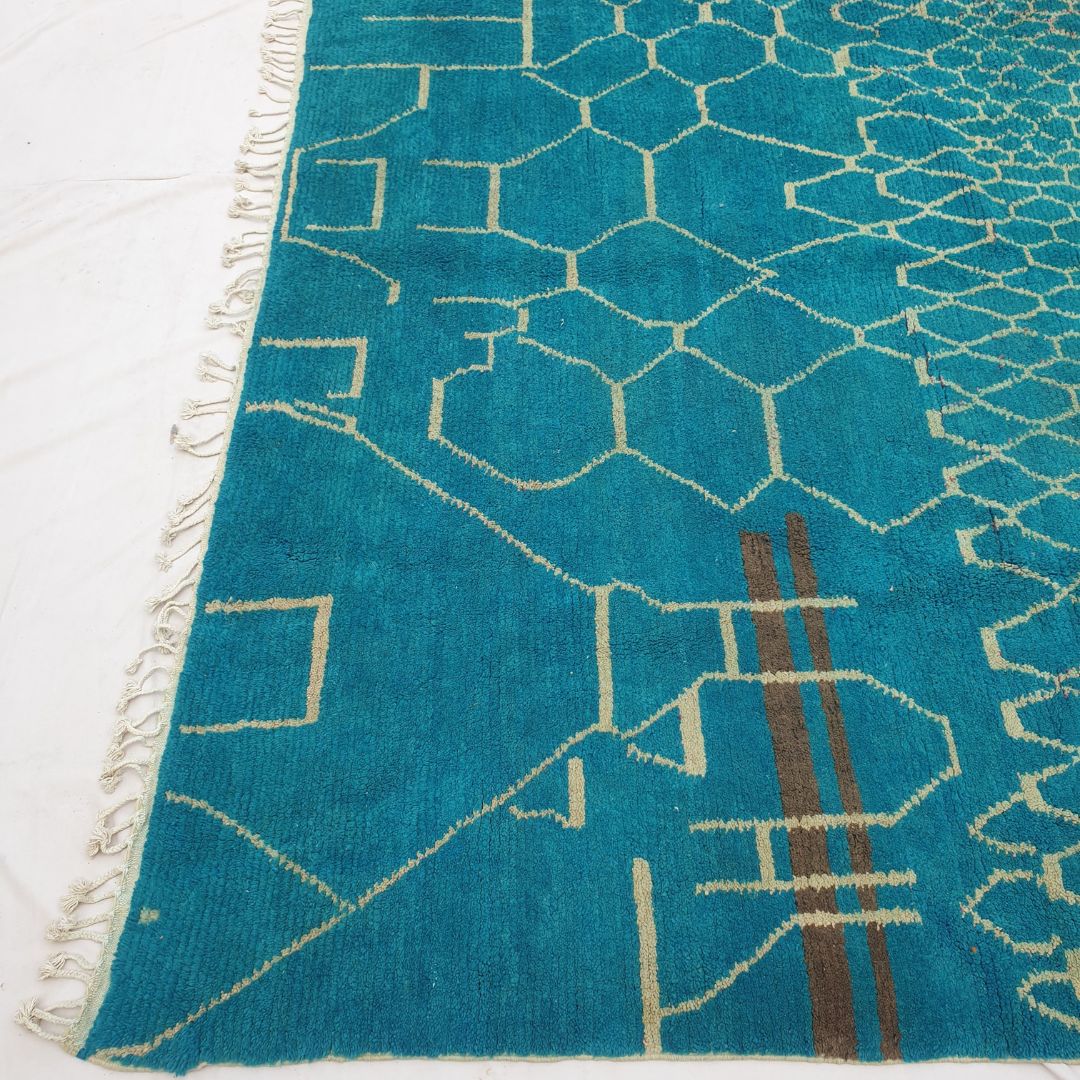 Teyuki - Oversized 10x10 Square Teal Beni Ourain Rug - Plush Geometric Berber Wool Shag Carpet | 10'6"x10'8" Ft | 321x325 cm - OunizZ